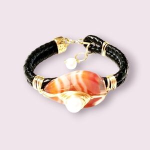 Braided leather and Agate Stone Cuff Bracelet - New